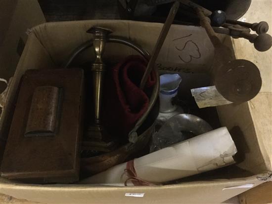 2 Coal scuttle, fire irons, tea caddy etc